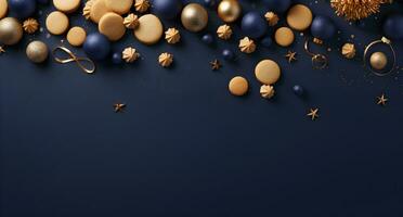 AI generated Christmas and New Year background with gold and blue decorations, balls, stars and confetti. Top view, flat lay, copy space. photo