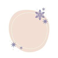 Christmas winter hand drawn beige pastel circle frame with snowflakes. Modern minimalist aesthetic holiday element. Vector sparkle for social media or poster design