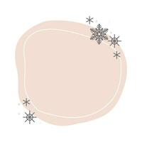 Christmas winter hand drawn beige pastel circle frame with snowflakes. Modern minimalist aesthetic holiday element. Vector sparkle for social media or poster design