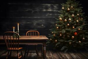 AI generated Christmas tree with wooden table and chair in front of wooden wall photo