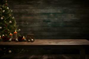 AI generated Christmas tree with wooden table and chair in front of wooden wall photo