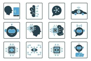 artificial intelligence icon set. robot head, brain ai, robot arm, computer vision, big data, ai assistant, deep learning, etc. solid icon style design. simple vector design editable