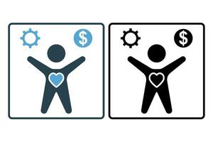 wellbeing icon. human with dollar, heart and gear. solid icon style. simple vector design editable