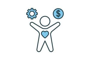 wellbeing icon. human with dollar, heart and gear. flat line icon style. simple vector design editable