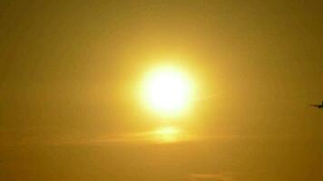 Passagiere Flugzeug Landung Vorbeigehen im Vorderseite Sonne beim Sonnenuntergang video
