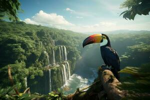 AI generated Toucan on the top of a waterfall in Costa Rica, A toucan overlooking the Amazon rainforest, AI Generated photo