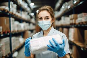 ai generado joven hembra almacén trabajador en protector máscara y guantes participación paquete con productos, un joven hembra médico en un médico máscara y guantes trabajando en un depósito, ai generado foto