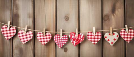 AI generated Hearts hanging on rope over wooden background. Valentines day background photo