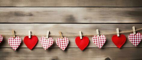 AI generated Hearts hanging on rope over wooden background. Valentines day background photo