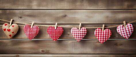 AI generated Hearts hanging on rope over wooden background. Valentines day background photo