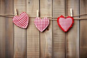 AI generated Hearts hanging on rope over wooden background. Valentines day background photo