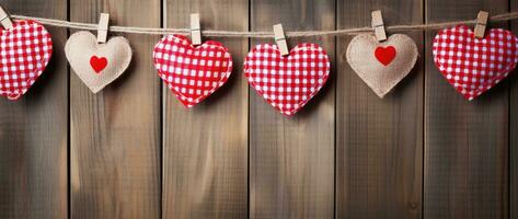 AI generated Hearts hanging on rope over wooden background. Valentines day background photo