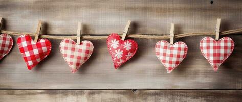 AI generated Hearts hanging on rope over wooden background. Valentines day background photo