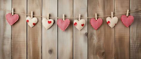 AI generated Hearts hanging on rope over wooden background. Valentines day background photo