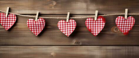 AI generated Hearts hanging on rope over wooden background. Valentines day background photo