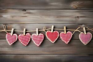 AI generated Hearts hanging on rope over wooden background. Valentines day background photo