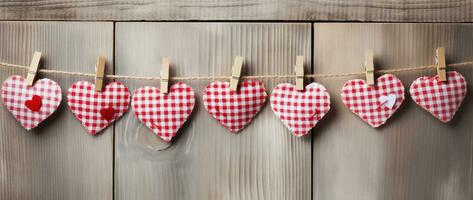 AI generated Valentine's day background with hearts and clothespins on wooden wall photo