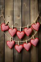 AI generated Valentine's day background with hearts and clothespins on wooden wall photo