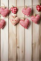 AI generated Hearts hanging on rope over wooden background. Valentines day background photo