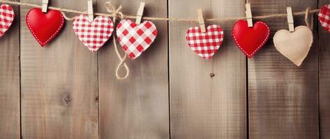 AI generated Valentine's day background with hearts and clothespins on wooden wall photo