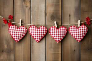 AI generated Valentine's day background with hearts and clothespins on wooden wall photo