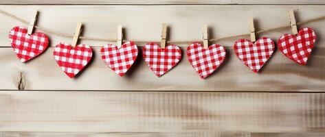 AI generated Valentine's day background with hearts and clothespins on wooden wall photo