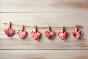 ai generado San Valentín día antecedentes con corazones y pinzas para la ropa en de madera pared foto