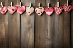 AI generated Valentine's day background with hearts and clothespins on wooden wall photo