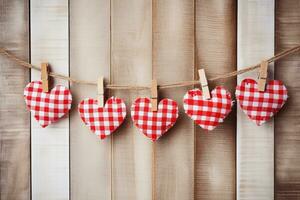 AI generated Valentine's day background with hearts and clothespins on wooden wall photo