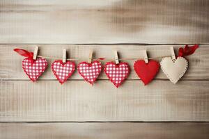 AI generated Valentine's day background with hearts and clothespins on wooden wall photo