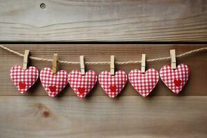 ai generado San Valentín día antecedentes con corazones y pinzas para la ropa en de madera pared foto