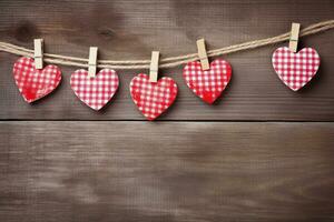 AI generated Valentine's day background with hearts and clothespins on wooden wall photo