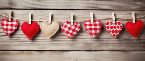 ai generado San Valentín día antecedentes con corazones y pinzas para la ropa en de madera pared foto