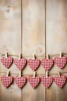 AI generated Valentine's day background with hearts and clothespins on wooden wall photo