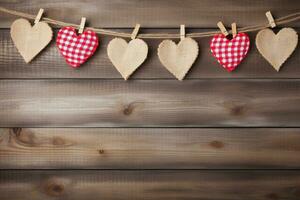 AI generated Valentine's day background with hearts and clothespins on wooden wall photo