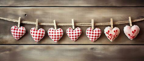 AI generated Valentine's day background with hearts and clothespins on wooden wall photo