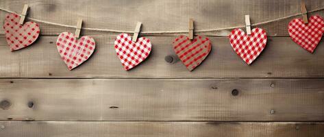 AI generated Valentine's day background with hearts and clothespins on wooden wall photo