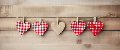 AI generated Valentine's day background with hearts and clothespins on wooden wall photo