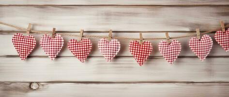 AI generated Valentine's day background with hearts and clothespins on wooden wall photo