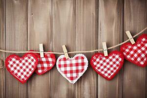 AI generated Valentine's day background with hearts and clothespins on wooden wall photo