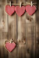 AI generated Valentine's day background with hearts and clothespins on wooden wall photo