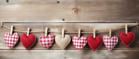 AI generated Valentine's day background with hearts and clothespins on wooden wall photo