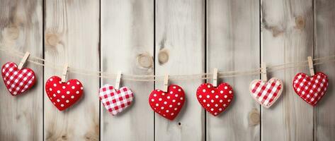 AI generated Valentine's day background with hearts and clothespins on wooden wall photo