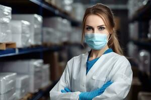 AI generated Portrait of a young female worker in a warehouse wearing protective mask, A young female doctor in a medical mask and gloves working in a warehouse, AI Generated photo