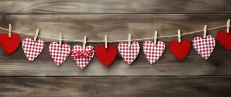 ai generado San Valentín día antecedentes con corazones y pinzas para la ropa en de madera pared foto