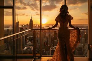 AI generated Beautiful woman in evening dress standing on the balcony with New York City view, A rich woman, rear view, enjoys the sunset standing on the balcony at luxury apartments in New York photo