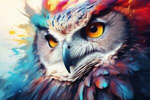 AI generated Owl with colorful abstract background. Digital painting. 3d rendering, Abstract animal owl portrait closeup with colorful double-exposure paint photo