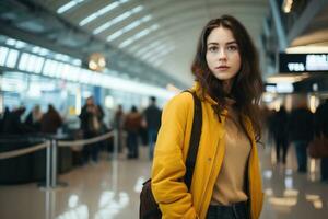 ai generado joven hermosa mujer en amarillo chaqueta con mochila en pie a el aeropuerto, un joven mujer vistiendo casual ropa es posando a el aeropuerto, ai generado foto
