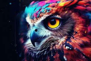 AI generated Beautiful owl with colorful eyes on a dark background. 3d rendering, Abstract animal owl portrait closeup with colorful double-exposure paint, AI Generated photo