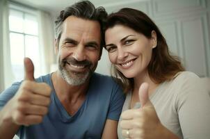 House owner wife and husband thumb up. Generate Ai photo